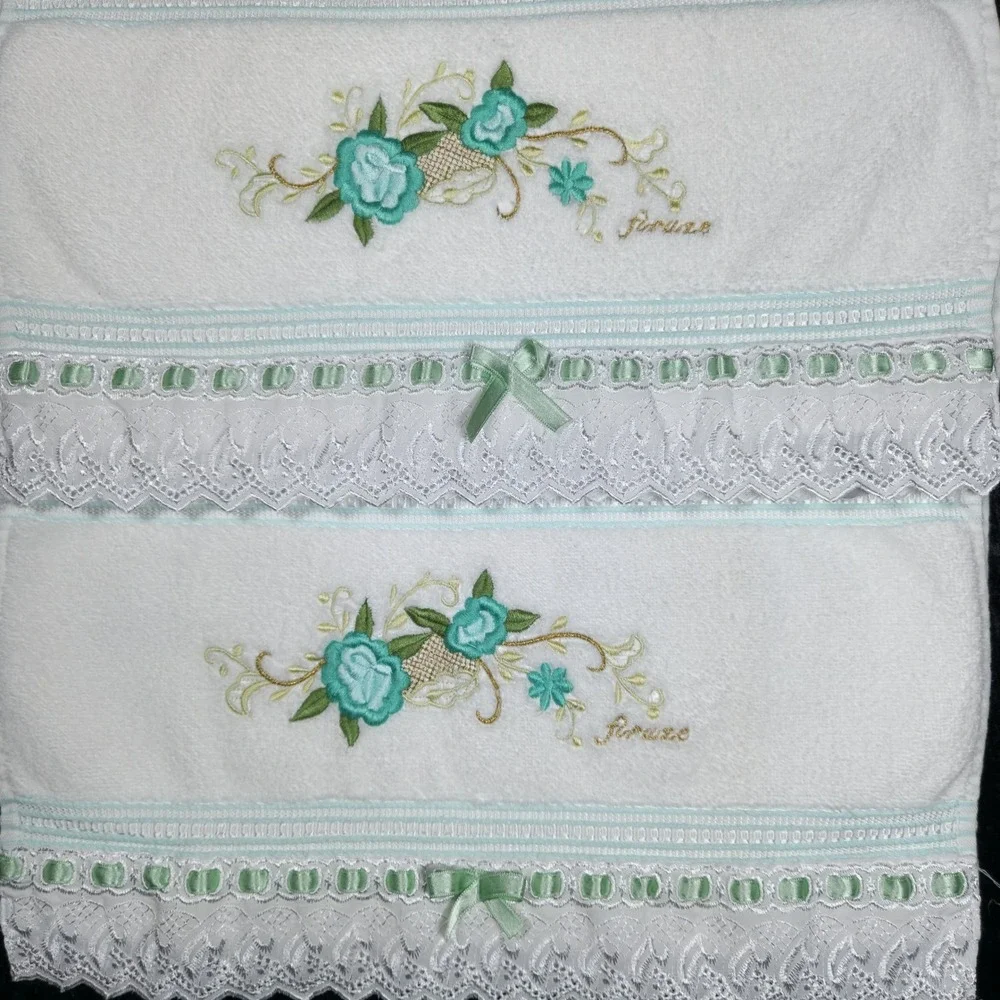 Set VTG Firuze Turkish White Cotton Hand Towel Teal Floral Embroidered Lace Bow